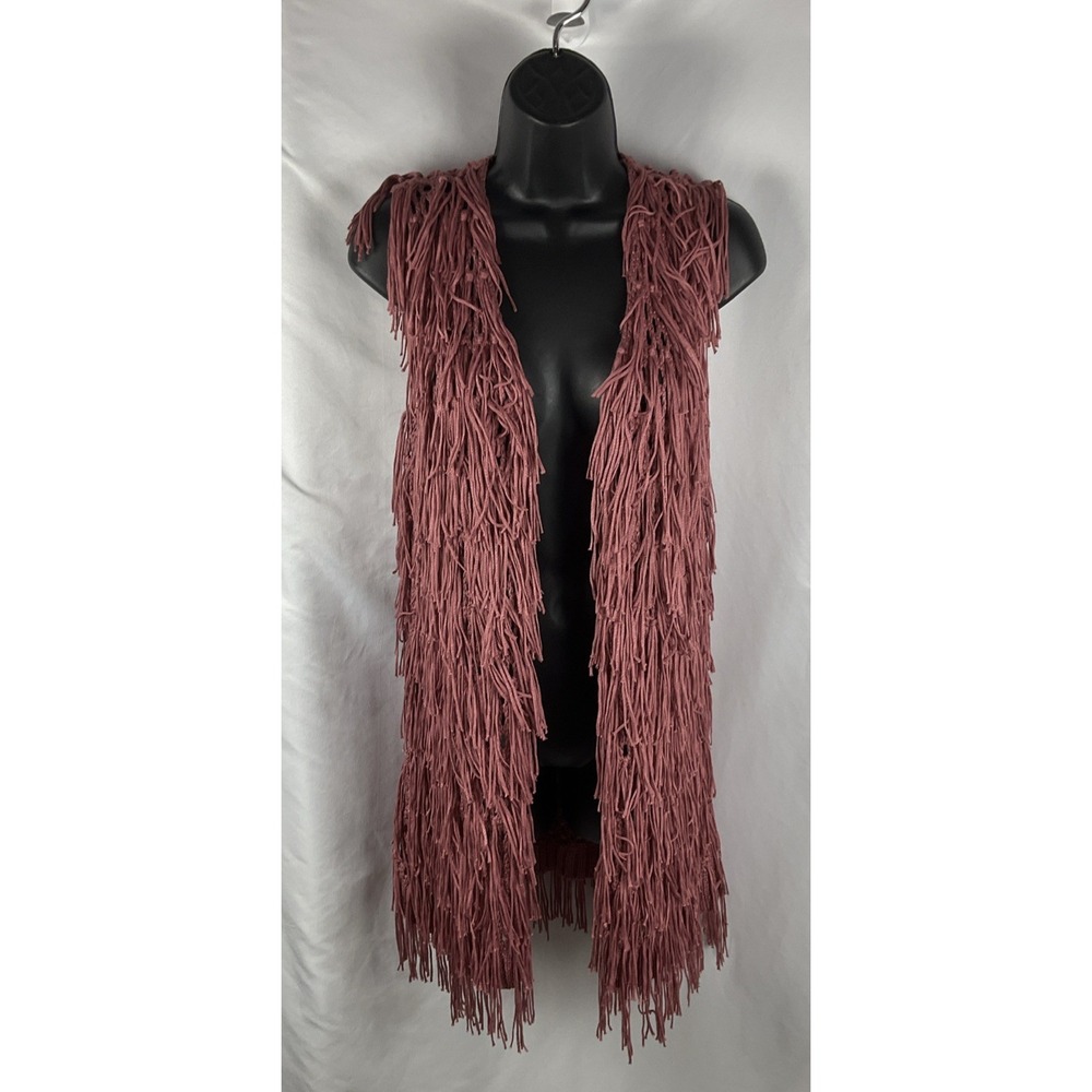 PPLA Clothing Women's Small Mauve Flounder Open Front Fringe Boho Knit Vest